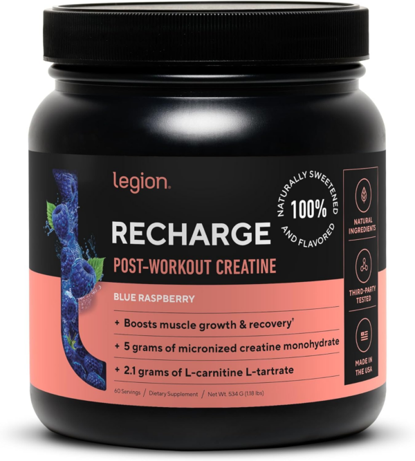 Recharge Post Workout Supplement - All Natural Muscle Builder & Recovery Drink With Micronized Creatine Monohydrate. Naturally Sweetened & Flavored, Safe & Healthy. (Blue Raspberry, 60 Serving)